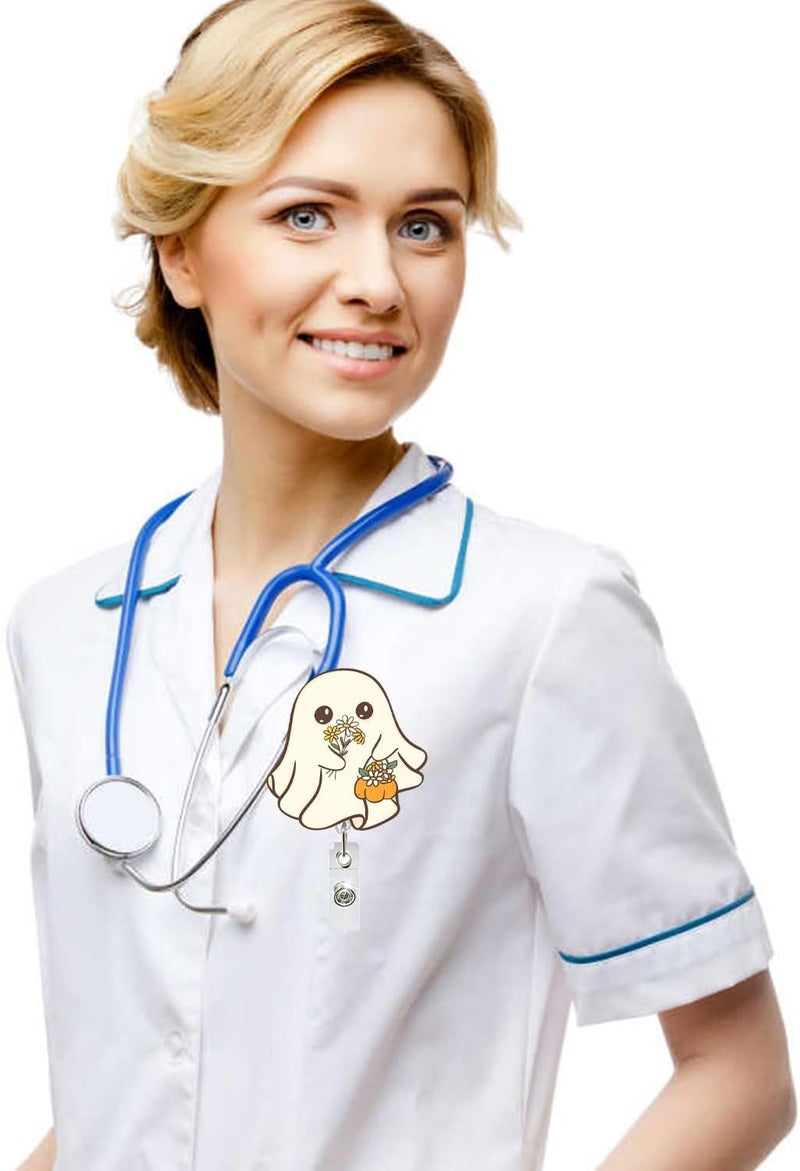 NSSHEL Funny Little Ghost Halloween Badge Reel Cute Badge Clip with Retractable Spooky with Flowers Badge Holder Nurse Doctor ID Name Tag Accessories for Nurse Doctor Teachers Identification Supplies - Image 5